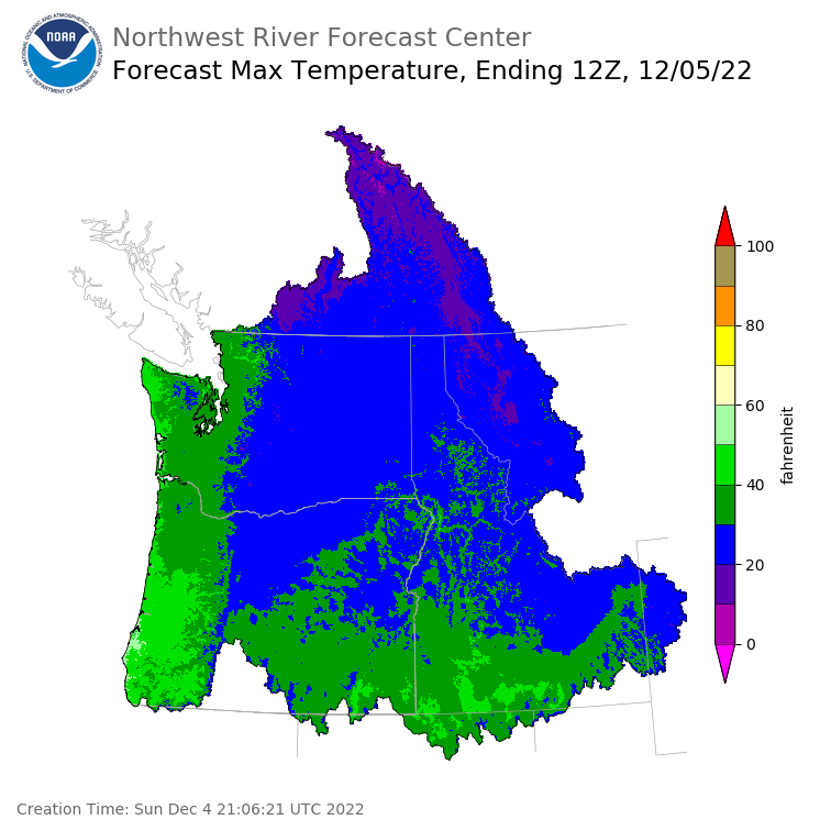 Day 1 (Sunday): Max Temperature Forecast ending Monday, December 5 at 4 am PST