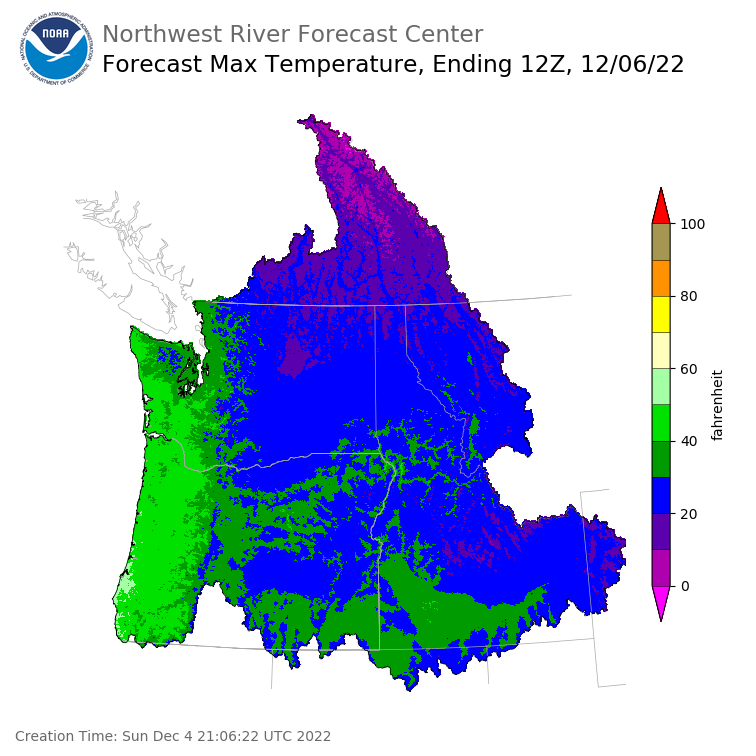 Day 2 (Monday): Max Temperature Forecast ending Tuesday, December 6 at 4 am PST