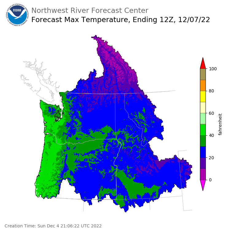 Day 3 (Tuesday): Max Temperature Forecast ending Wednesday, December 7 at 4 am PST