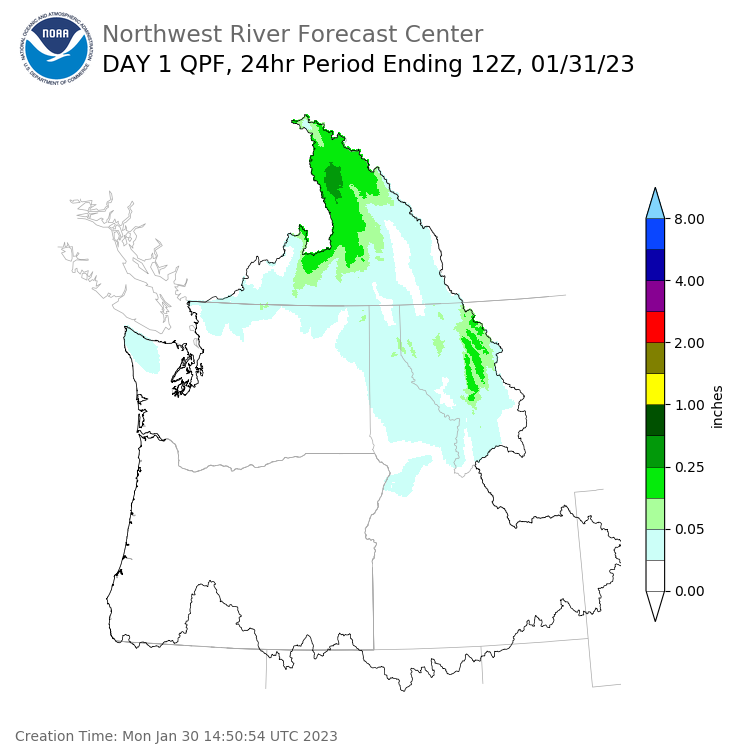 Day 1 (Monday): Precipitation Forecast ending Tuesday, January 31 at 4 am PST