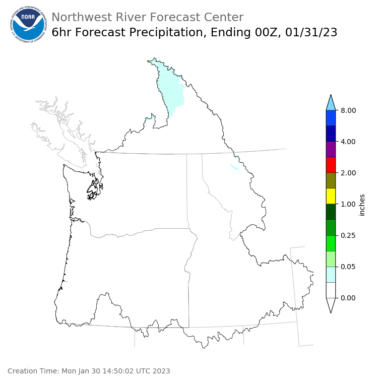 Day 1 (Monday): 6 Hourly Precipitation Forecast ending Monday, January 30 at 4 pm PST