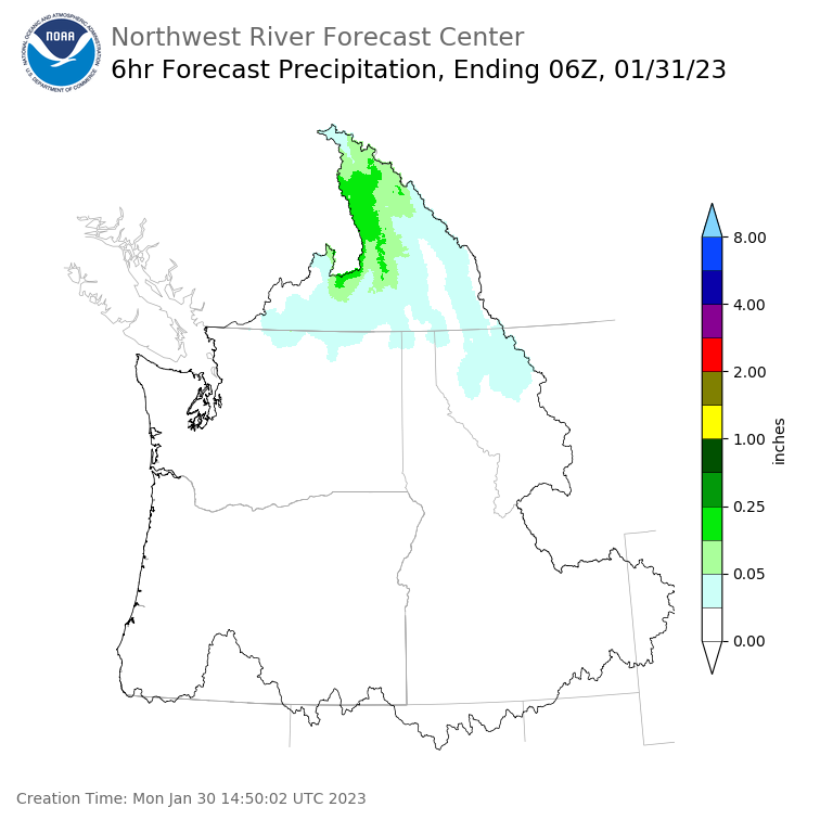 Day 1 (Monday): 6 Hourly Precipitation Forecast ending Monday, January 30 at 10 pm PST