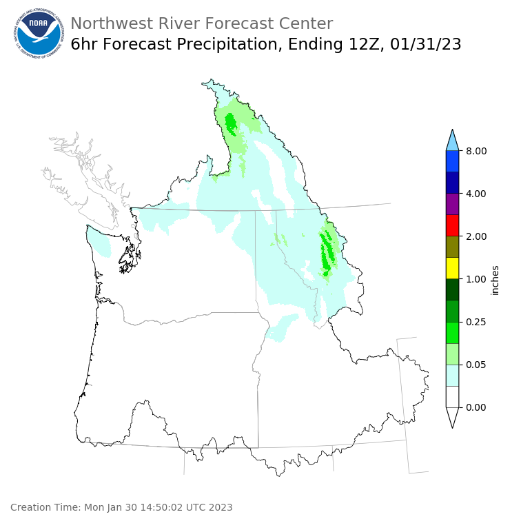 Day 1 (Monday): 6 Hourly Precipitation Forecast ending Tuesday, January 31 at 4 am PST