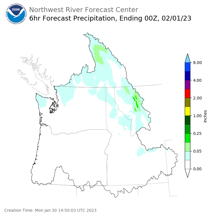 Day 2 (Tuesday): 6 Hourly Precipitation Forecast  ending Tuesday, January 31 at 4 pm PST