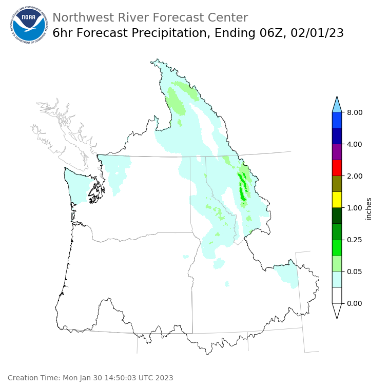 Day 2 (Tuesday): 6 Hourly Precipitation Forecast  ending Tuesday, January 31 at 10 pm PST