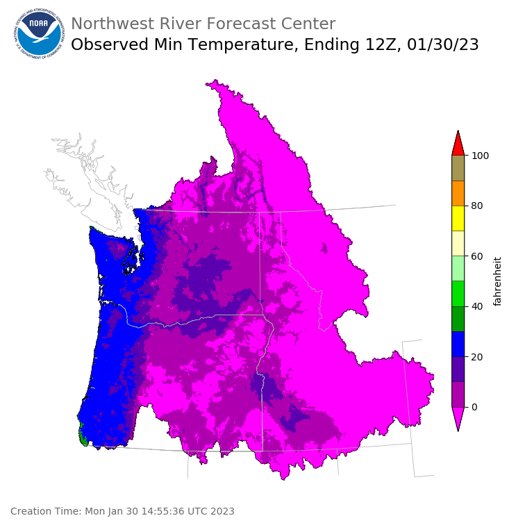 Minimum Temperatures ending Monday, January 30 at 4 am PST