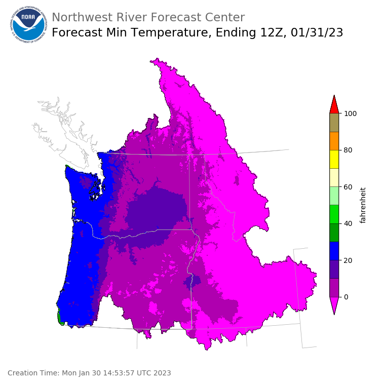 Day 1 (Monday): Min Temperature Forecast ending Tuesday, January 31 at 4 am PST