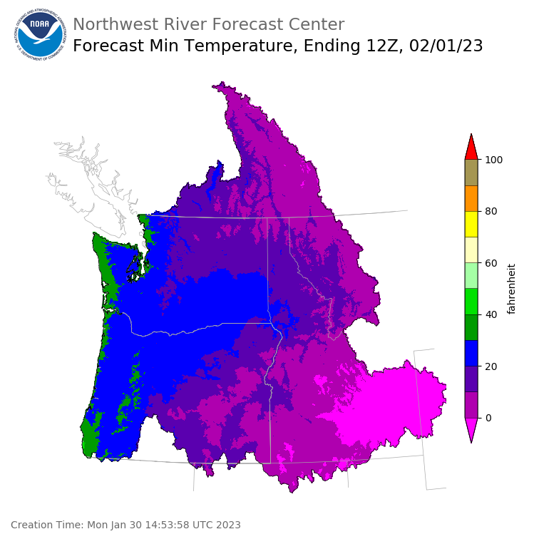 Day 2 (Tuesday): Min Temperature Forecast ending Wednesday, February 1 at 4 am PST