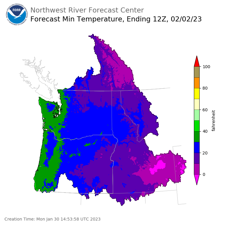 Day 3 (Wednesday): Min Temperature Forecast ending Thursday, February 2 at 4 am PST