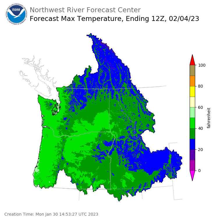 Day 5 (Friday): Max Temperature Forecast ending Saturday, February 4 at 4 am PST