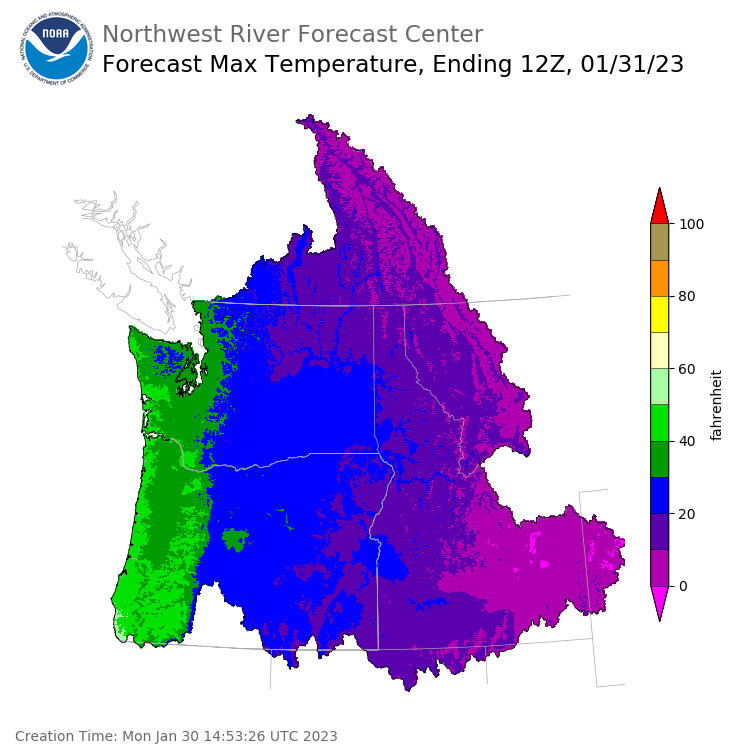 Day 1 (Monday): Max Temperature Forecast ending Tuesday, January 31 at 4 am PST