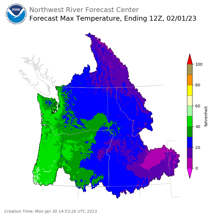 Day 2 (Tuesday): Max Temperature Forecast ending Wednesday, February 1 at 4 am PST