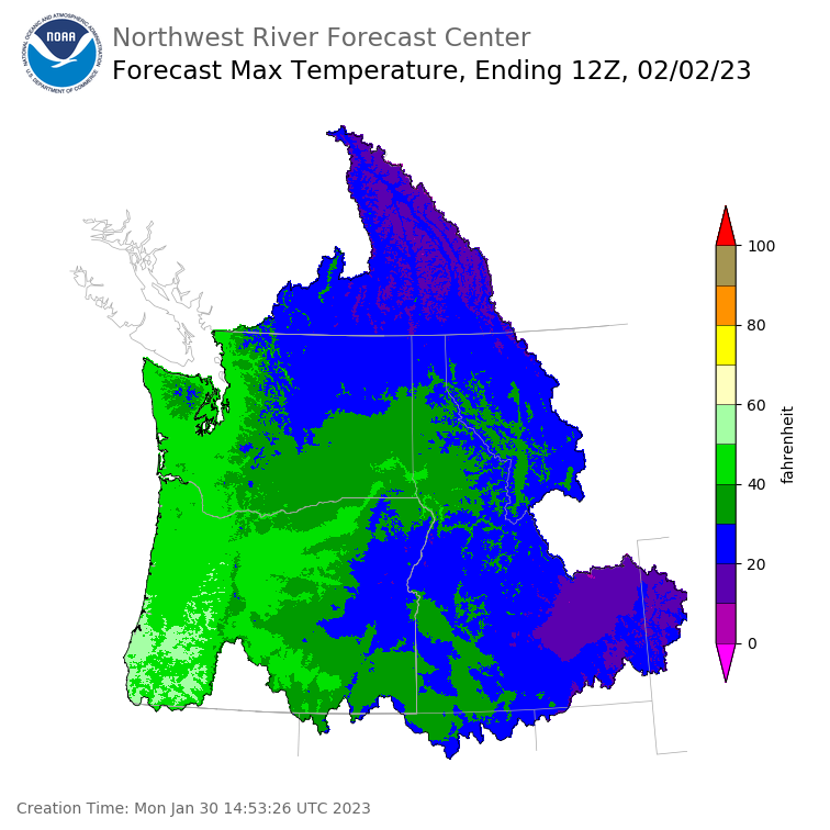 Day 3 (Wednesday): Max Temperature Forecast ending Thursday, February 2 at 4 am PST