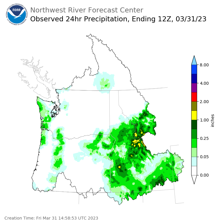Observed Precipitation ending Friday, March 31 at 5 am PDT