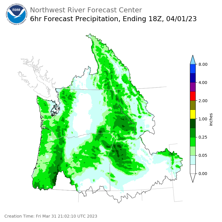 Day 2 (Saturday): 6 Hourly Precipitation Forecast  ending Saturday, April 1 at 11 am PDT
