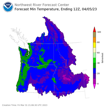 Day 5 (Tuesday): Min Temperature Forecast ending Wednesday, April 5 at 5 am PDT