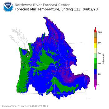 Day 2 (Saturday): Min Temperature Forecast ending Sunday, April 2 at 5 am PDT