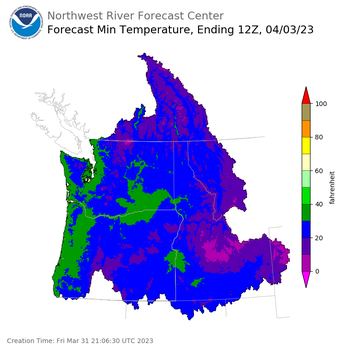 Day 3 (Sunday): Min Temperature Forecast ending Monday, April 3 at 5 am PDT