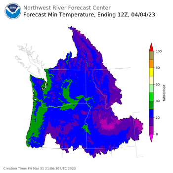 Day 4 (Monday): Min Temperature Forecast ending Tuesday, April 4 at 5 am PDT