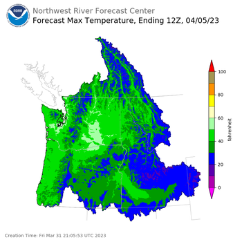 Day 5 (Tuesday): Max Temperature Forecast ending Wednesday, April 5 at 5 am PDT