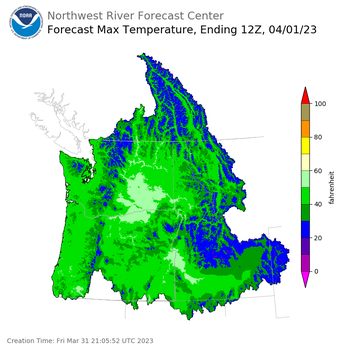 Day 1 (Friday): Max Temperature Forecast ending Saturday, April 1 at 5 am PDT