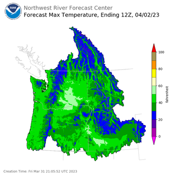 Day 2 (Saturday): Max Temperature Forecast ending Sunday, April 2 at 5 am PDT