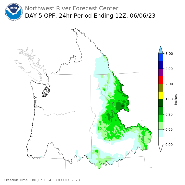 Day 5 (Monday): Precipitation Forecast ending Tuesday, June 6 at 5 am PDT