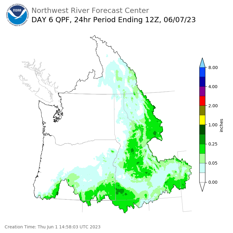 Day 6 (Tuesday): Precipitation Forecast ending Wednesday, June 7 at 5 am PDT