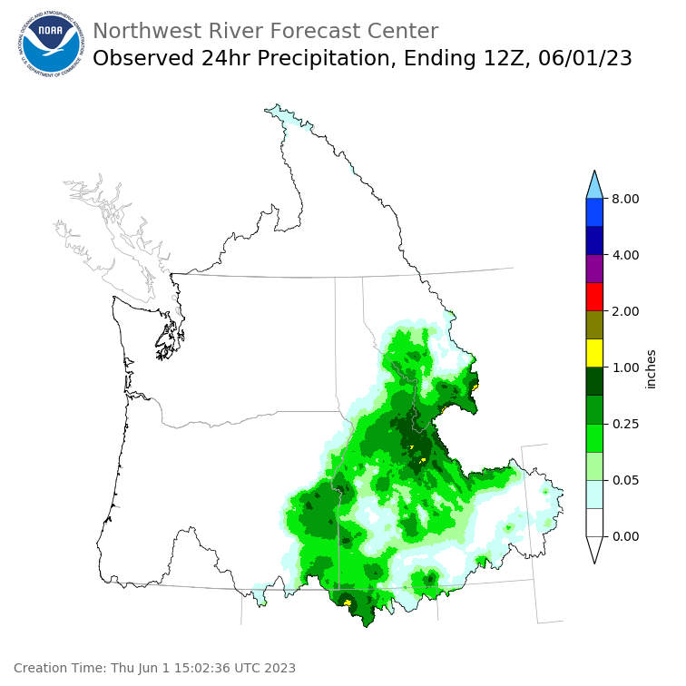 Observed Precipitation ending Thursday, June 1 at 5 am PDT