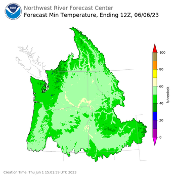 Day 5 (Monday): Min Temperature Forecast ending Tuesday, June 6 at 5 am PDT