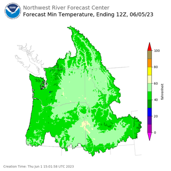 Day 4 (Sunday): Min Temperature Forecast ending Monday, June 5 at 5 am PDT