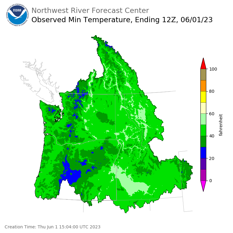 Minimum Temperatures ending Thursday, June 1 at 5 am PDT