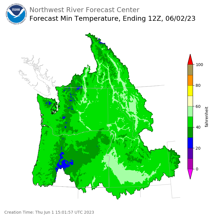 Day 1 (Thursday): Min Temperature Forecast ending Friday, June 2 at 5 am PDT