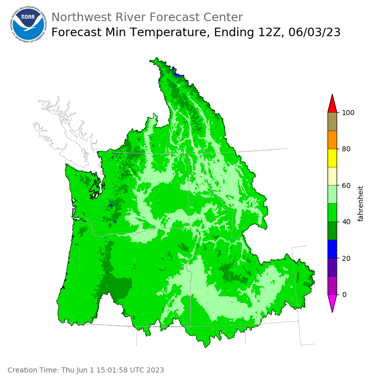 Day 2 (Friday): Min Temperature Forecast ending Saturday, June 3 at 5 am PDT