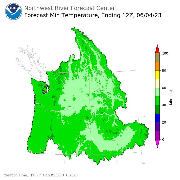 Day 3 (Saturday): Min Temperature Forecast ending Sunday, June 4 at 5 am PDT