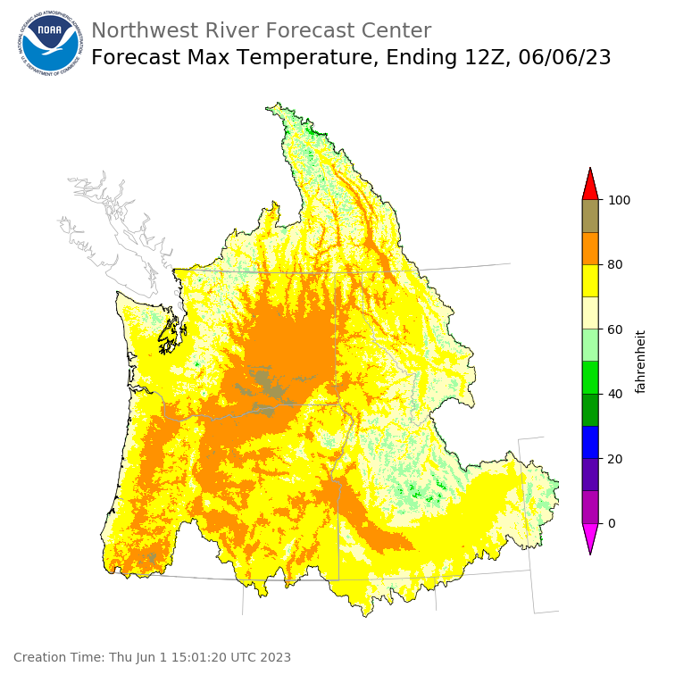 Day 5 (Monday): Max Temperature Forecast ending Tuesday, June 6 at 5 am PDT