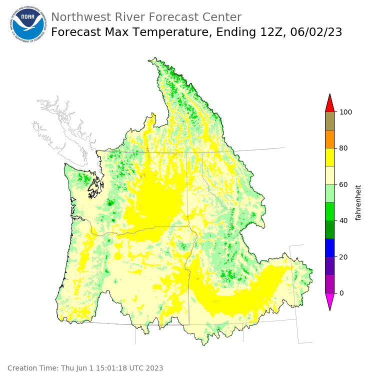 Day 1 (Thursday): Max Temperature Forecast ending Friday, June 2 at 5 am PDT