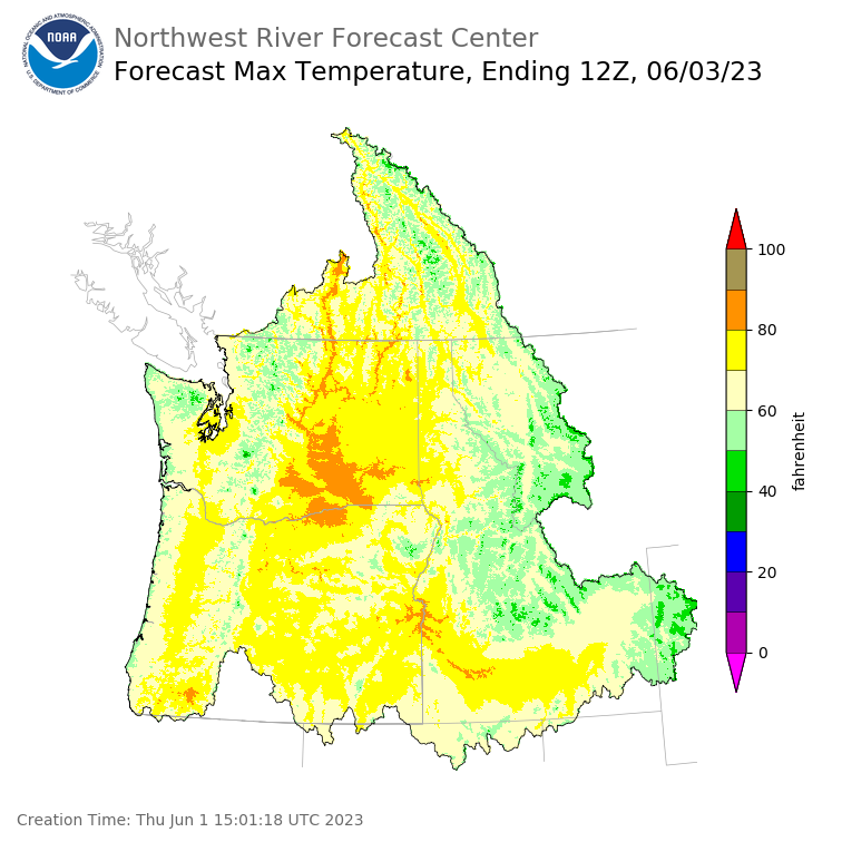 Day 2 (Friday): Max Temperature Forecast ending Saturday, June 3 at 5 am PDT