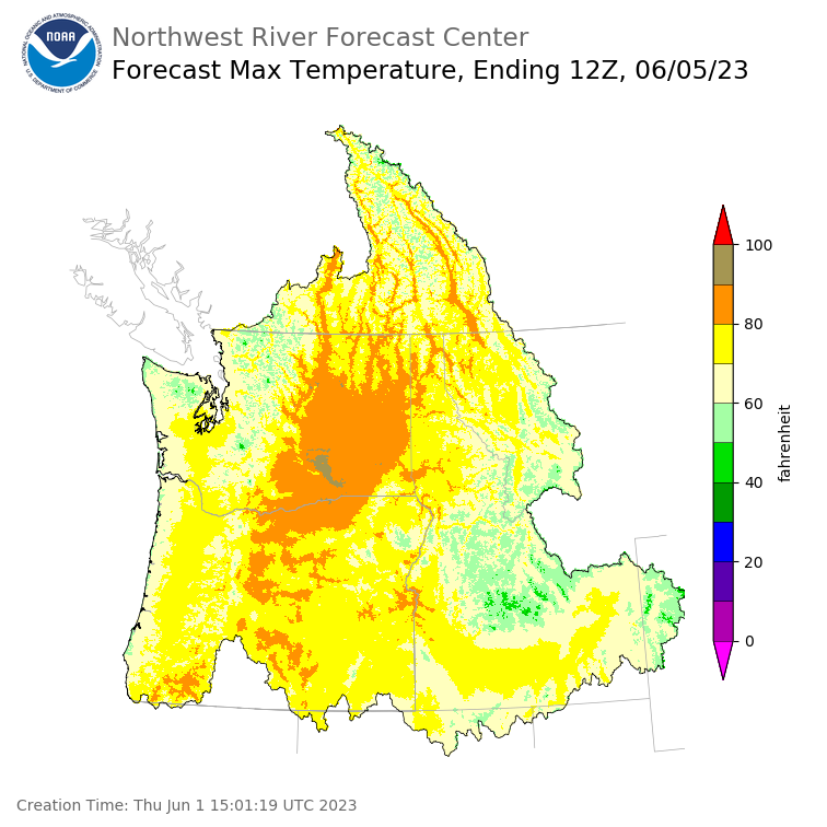 Day 4 (Sunday): Max Temperature Forecast ending Monday, June 5 at 5 am PDT