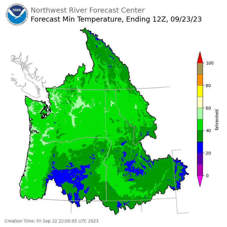 Day 1 (Friday): Min Temperature Forecast ending Saturday, September 23 at 5 am PDT