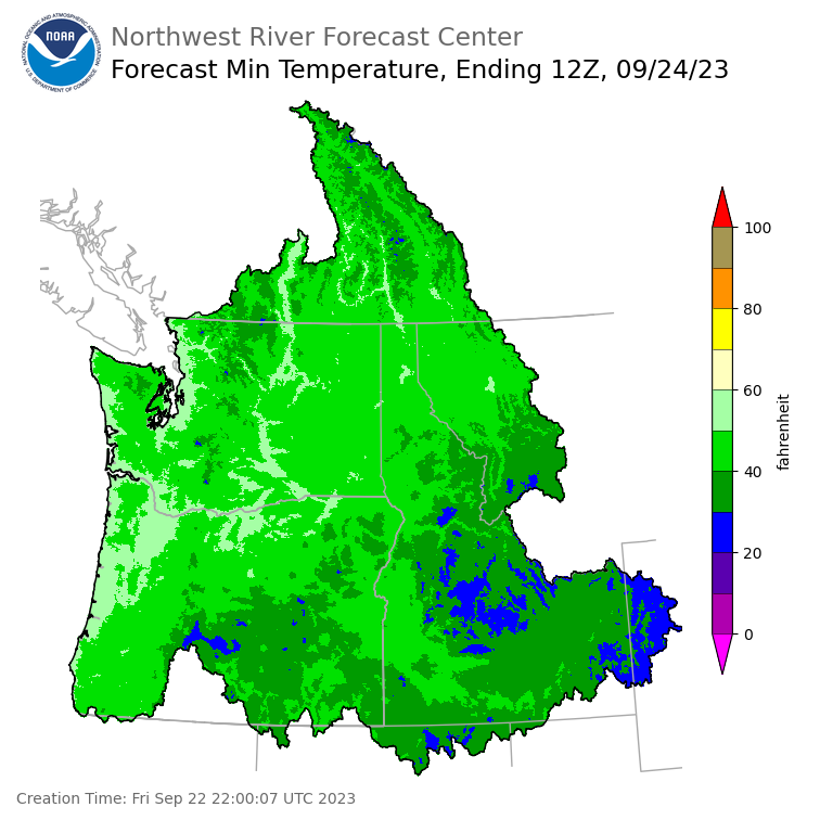 Day 2 (Saturday): Min Temperature Forecast ending Sunday, September 24 at 5 am PDT