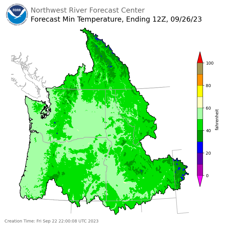 Day 4 (Monday): Min Temperature Forecast ending Tuesday, September 26 at 5 am PDT