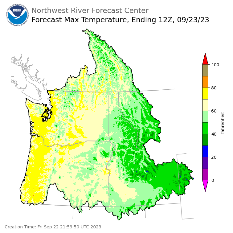 Day 1 (Friday): Max Temperature Forecast ending Saturday, September 23 at 5 am PDT