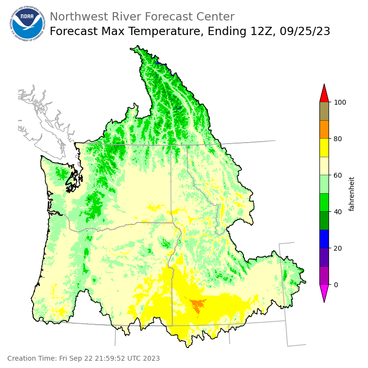 Day 3 (Sunday): Max Temperature Forecast ending Monday, September 25 at 5 am PDT