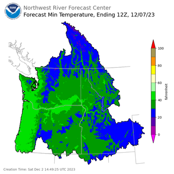 Day 5 (Wednesday): Min Temperature Forecast ending Thursday, December 7 at 4 am PST