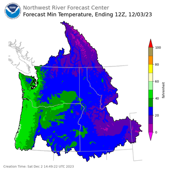 Day 1 (Saturday): Min Temperature Forecast ending Sunday, December 3 at 4 am PST