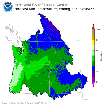 Day 3 (Monday): Min Temperature Forecast ending Tuesday, December 5 at 4 am PST