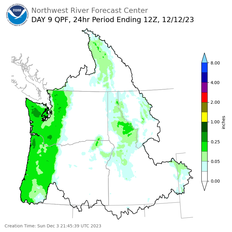 Day 9 (Monday): Precipitation Forecast ending Tuesday, December 12 at 4 am PST