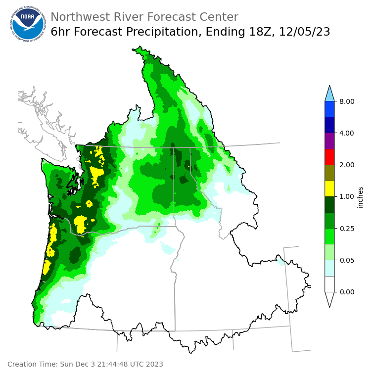 Day 3 (Tuesday): 6 Hourly Precipitation Forecast  ending Tuesday, December 5 at 10 am PST