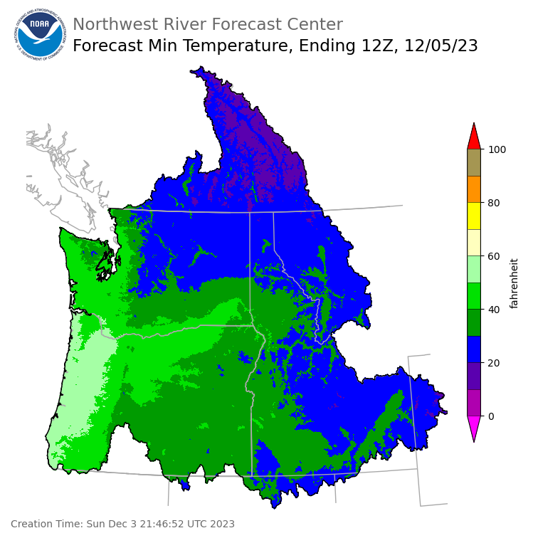 Day 2 (Monday): Min Temperature Forecast ending Tuesday, December 5 at 4 am PST